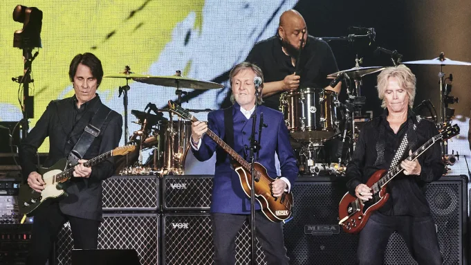 Paul McCartney and band on stage in Los Angeles.