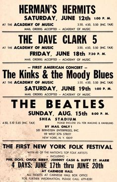 British Invasion bands playing at U.S. locations, including Carnegie Hall, 1965.