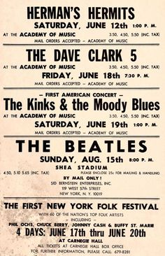 The British Invasion bands playing at U.S. locations, including Carnegie Hall, 1965.